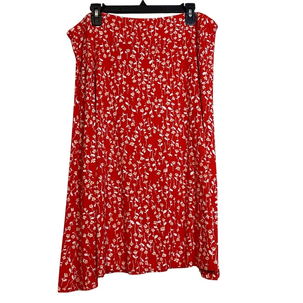 Lands End Womens 1X Red Floral Rayon Blend Jersey Midi A-Line Skirt 16W-18W